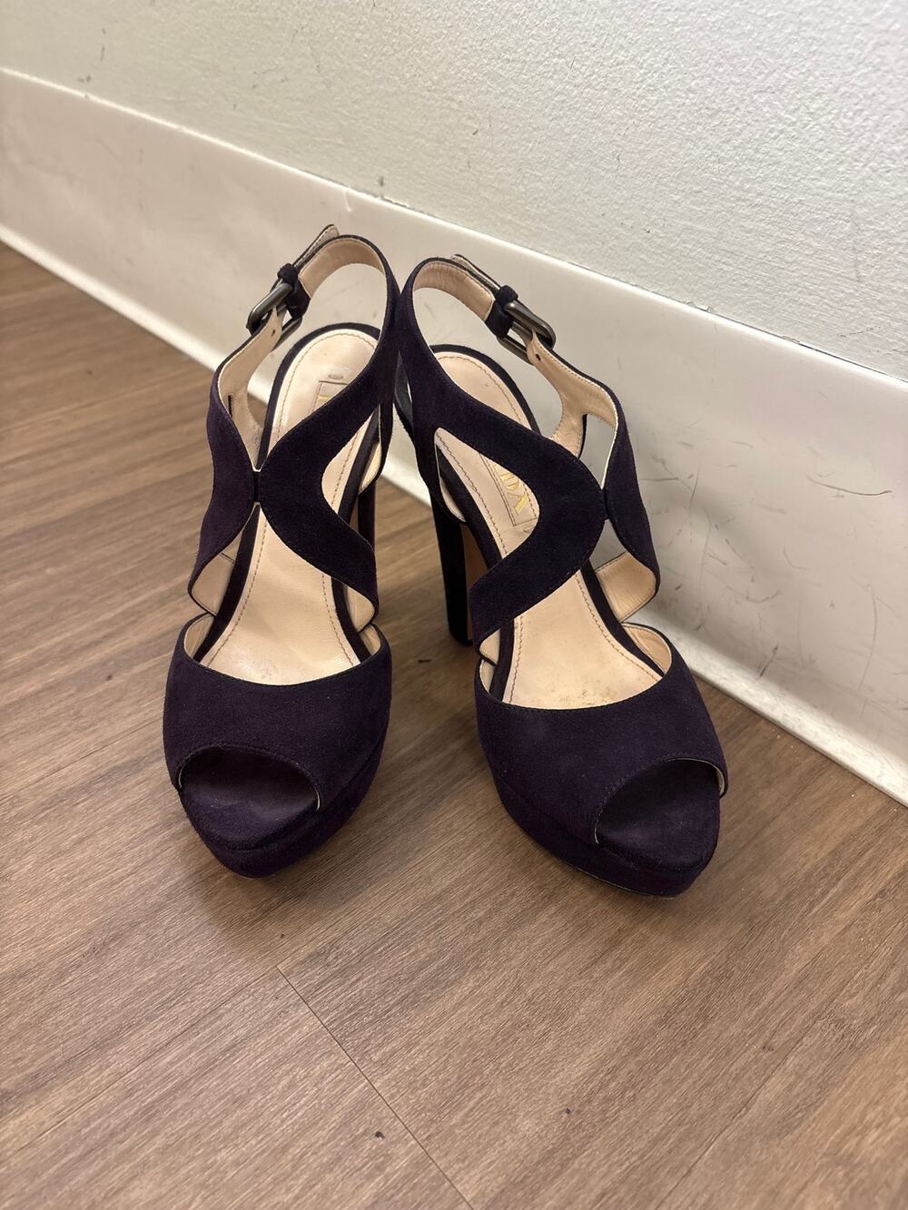 Prada Maroon Suede Peep Toe Stilleto Platform Shoe Sz 36